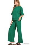 Ribbed Round Neck Tee & Pants Set- Hunter Green
