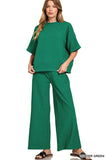 Ribbed Round Neck Tee & Pants Set- Hunter Green