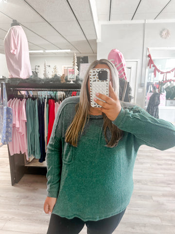 Brushed Ribbed Hacci Round Neck Sweater-Green