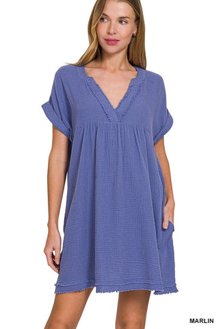 Sammy Gauze V Neck Dress-Marlin Blue