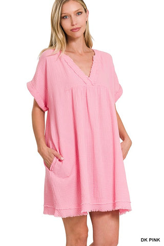 Sammy Gauze V Neck Dress-Pink