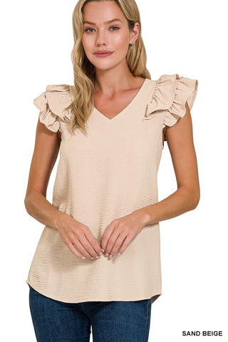 Amanda Ruffle Sleeve Top-Beige