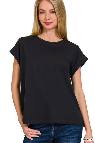 Nellie Rolled Sleeve Top-Black