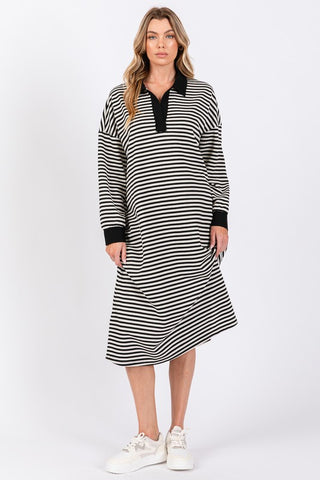 Megan Striped Midi Dress Long Sleeved- Black