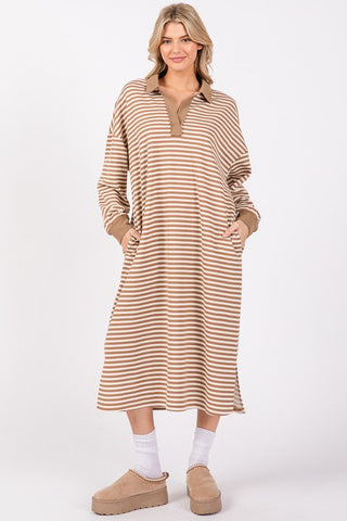 Megan Striped Midi Dress Long Sleeved- Taupe