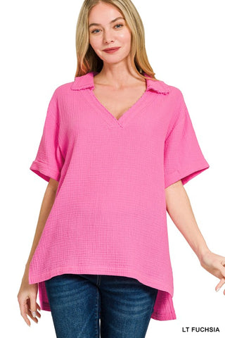 Double Gauze V-neck Short Sleeve Top