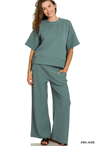 Ribbed Round Neck Tee & Pants Set-Ash Jade