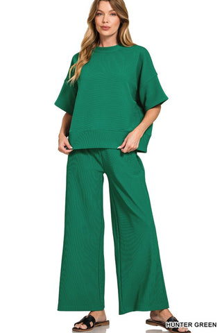 Ribbed Round Neck Tee & Pants Set- Hunter Green