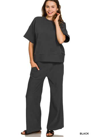 Ribbed Round Neck Tee & Pants Set-Black