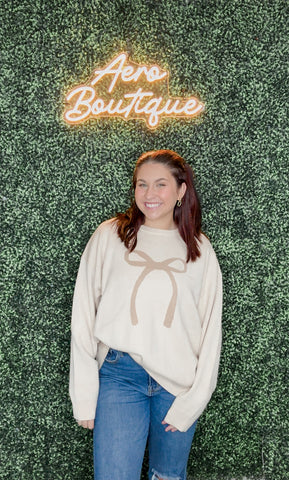 khaki short sleeve bow sweater