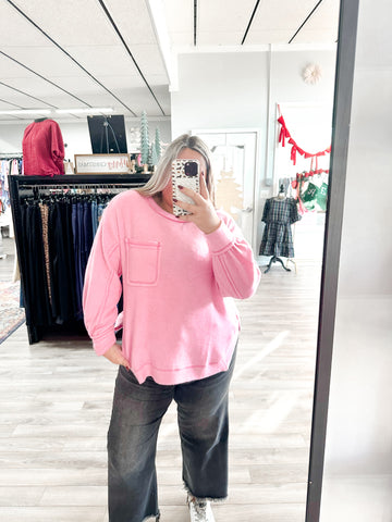 Brushed Hacci Hi-low Round Neck Sweater-Pink