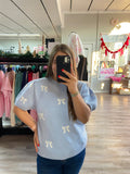 Curvy Bow Short Sleeved Sweater-Blue