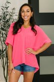 Counter Part Crinkle Woven V-Neck Top in Neon Fuchsia - Aero Boutique 