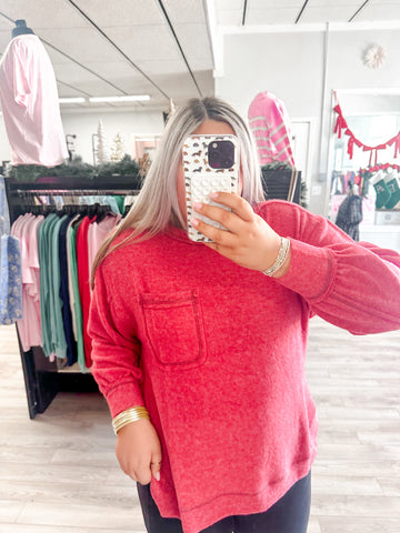 Brushed Hacci Hi-low Round Neck Sweater-Red