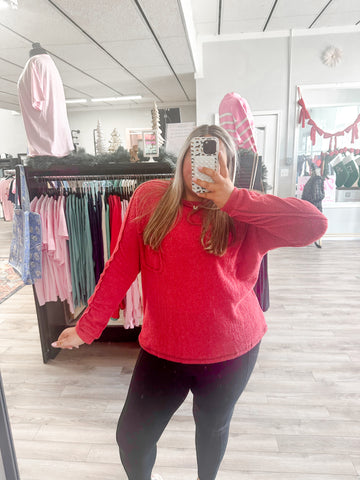 Brushed Ribbed Hacci Round Neck Sweater-Red