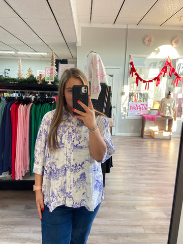 Blue Printed Button Top