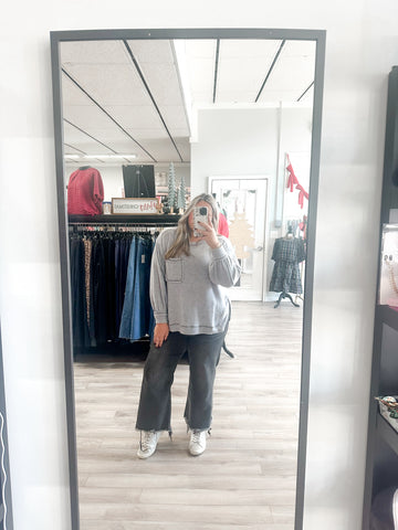 Brushed Hacci Hi-low Round Neck Sweater-Grey