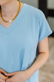 Top Shelf Basic V-Neck Ribbed Tee in Sky Blue- Drop Ship
