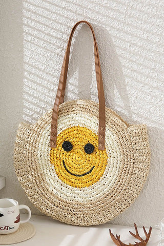 Smiley Face Woven Rattan Paper Straw Wicker Round Beach Tote Bag