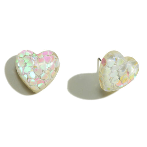 White Heart Glitter Resin Stud Earrings