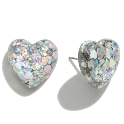 Silver Heart Glitter Resin Stud Earrings