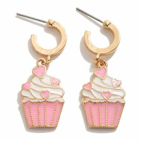 Huggie Hoop Earrings  Heart Sprinkles Cupcake Charms